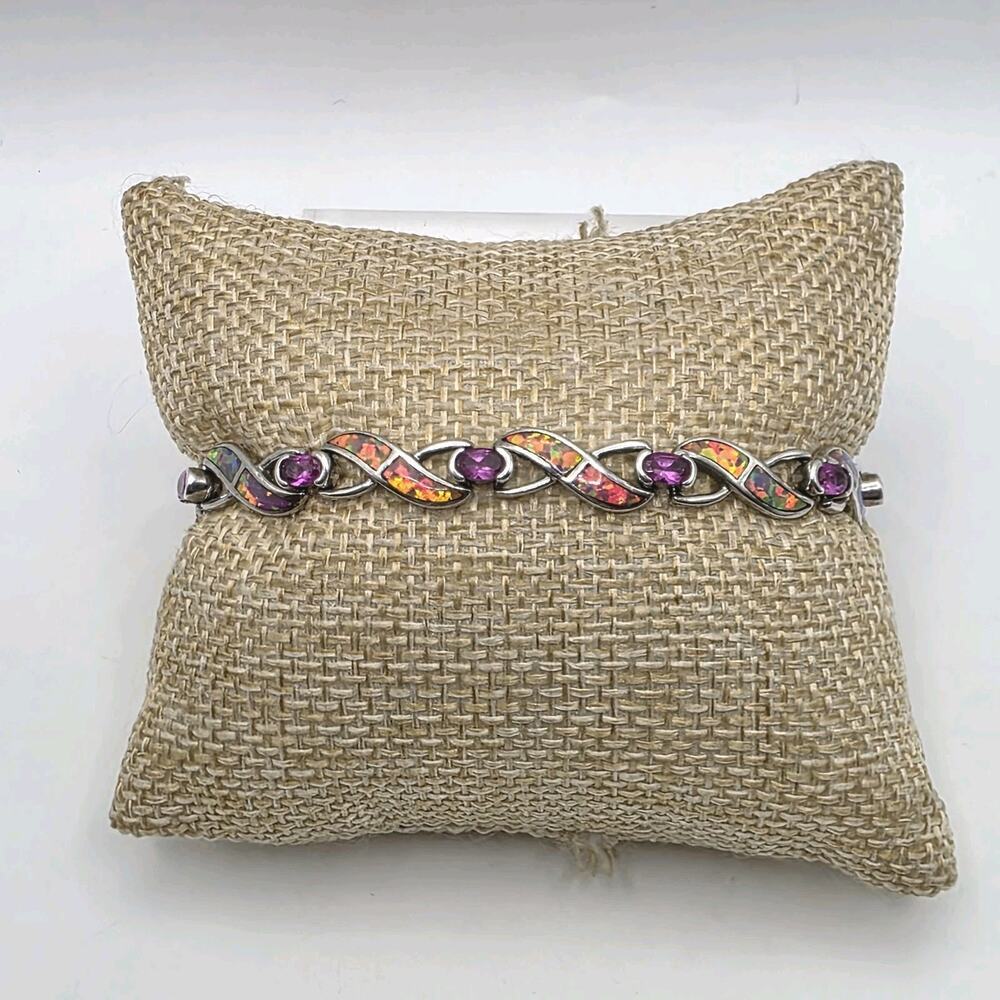 Beautiful Sterling Silver Opal And Pink Sapphire Bracelet Gorgeous 6.75"